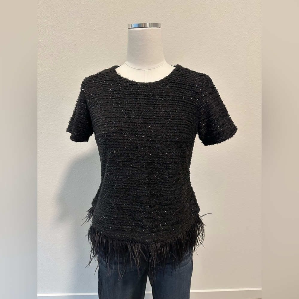 ANTHROPOLOGIE Deletta NYE Festive Knit Black Sequin Sweater with Feather Detail